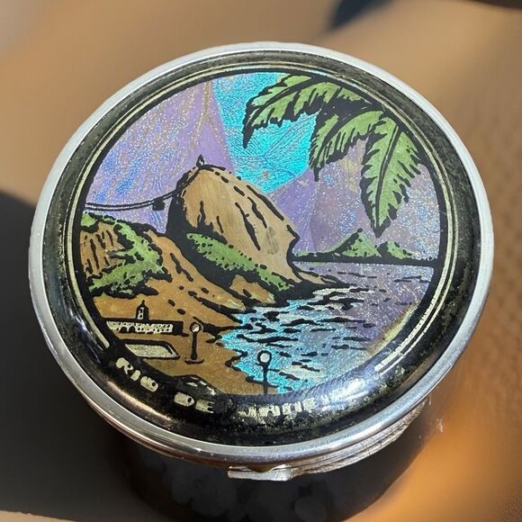 Accessories - Vintage Rio de Janeiro Butterfly Wing Landscape Mirror Compact Stamped Brazil